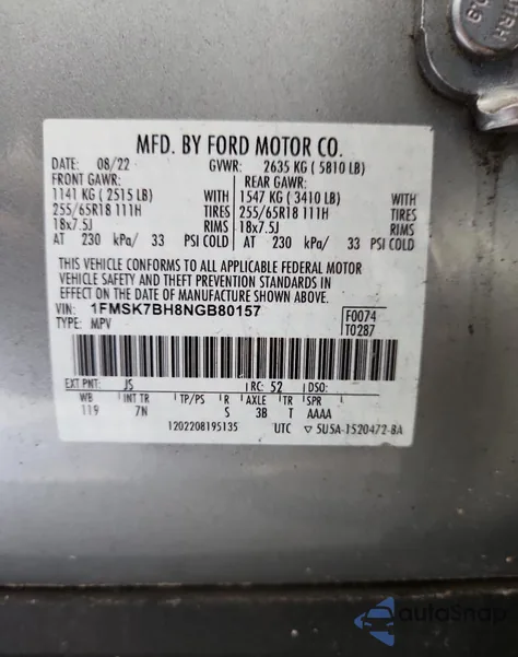 2022 Ford Explorer из США, поврежденный, VIN 1FMSK7BH8NGB80157